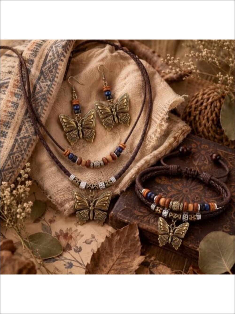 Boho Jewelry Set 3 Pc Butterfly Necklace Earrings Bracelet Alloy Leather - Picture 3 of 6